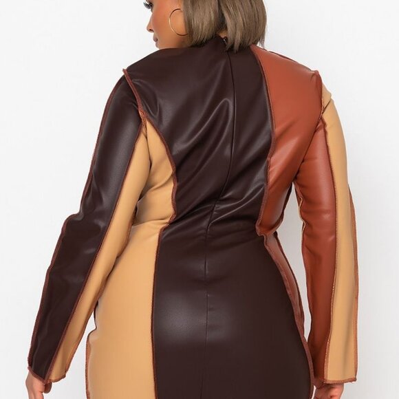 NO BAD DAYS FAUX LEATHER PATCHWORK MIDI DRESS - Picture 3 of 6